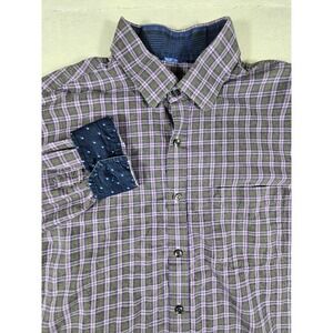 Tasso Elba Mens XL Purple Grey Plaid Button Down Shirt Cotton Long Sleeve Cuffs